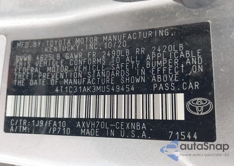 2021 Toyota Camry Le Hybrid from USA, damaged, VIN 4T1C31AK3MU549454